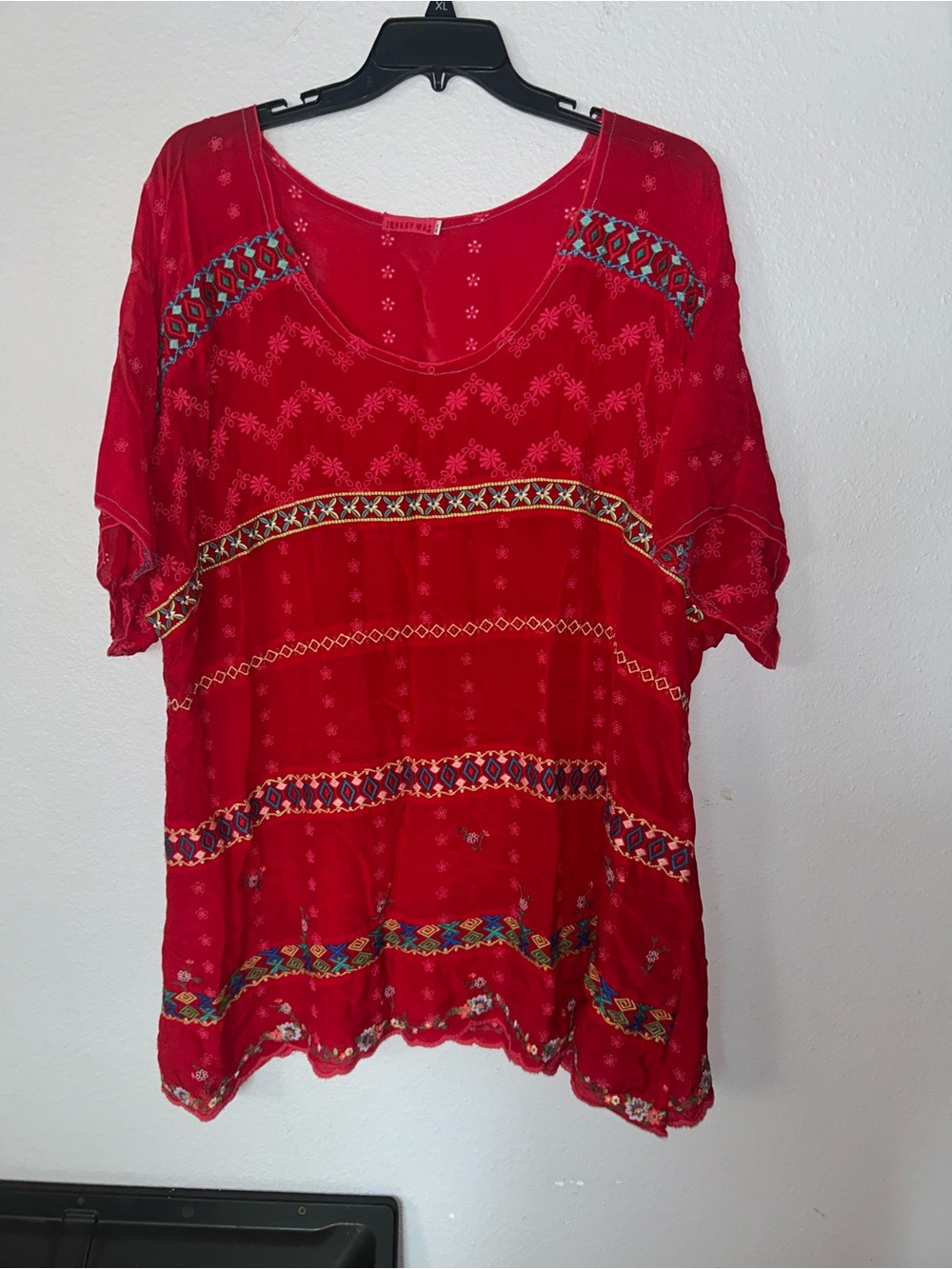 Johnny was Red Embroidered Women’s Boho Top - Lightweight Casual Tee